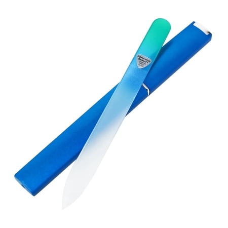 Premium Czech Glass Nail File with Hard Case, Bona Fide Beauty Professional Manicure Tool for Gentle Precision Filing – Aqua/Green