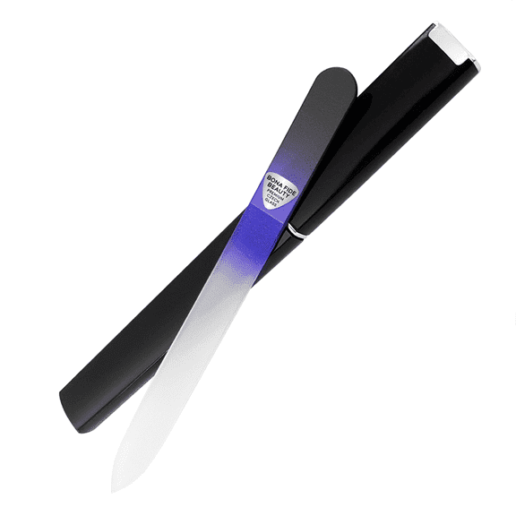 Premium Czech Glass Nail File with Hard Case, Bona Fide Beauty Professional Manicure Tool for Gentle Precision Filing – Black/Cobalt