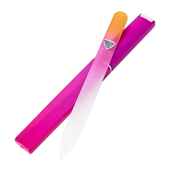 Premium Czech Glass Nail File with Hard Case, Bona Fide Beauty Professional Manicure Tool for Gentle Precision Filing – Gold/Magenta