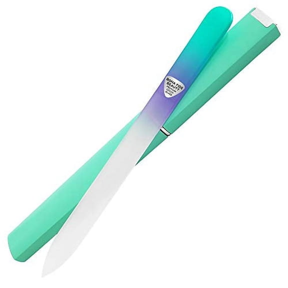 Premium Czech Glass Nail File with Hard Case, Bona Fide Beauty Professional Manicure Tool for Gentle Precision Filing – Pastel Aqua/Violet