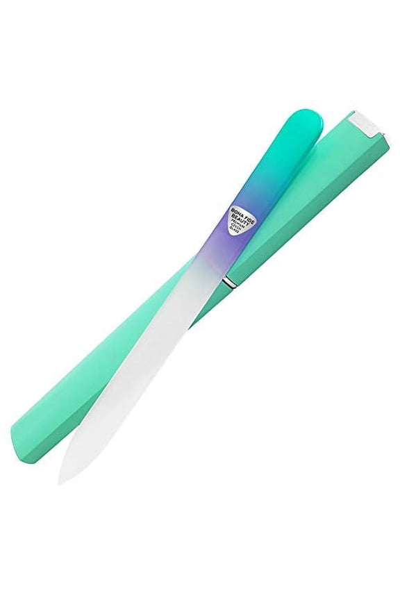 Premium Czech Glass Nail File with Hard Case, Bona Fide Beauty Professional Manicure Tool for Gentle Precision Filing – Pastel Aqua/Violet