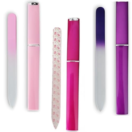 Glass Nail File Set - Bouquet 3 Pack Bundle with Cases - Professional Ombre & Floral Design Crystal Files - Pink and Purple Collection - Perfect Gift Set