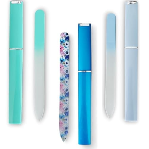 Glass Nail File Set - Ocean Breeze 3 Pack Bundle with Cases - Professional Ombre & Crystal Files - Coastal Collection Nail Care Tools - Perfect Summer Gift