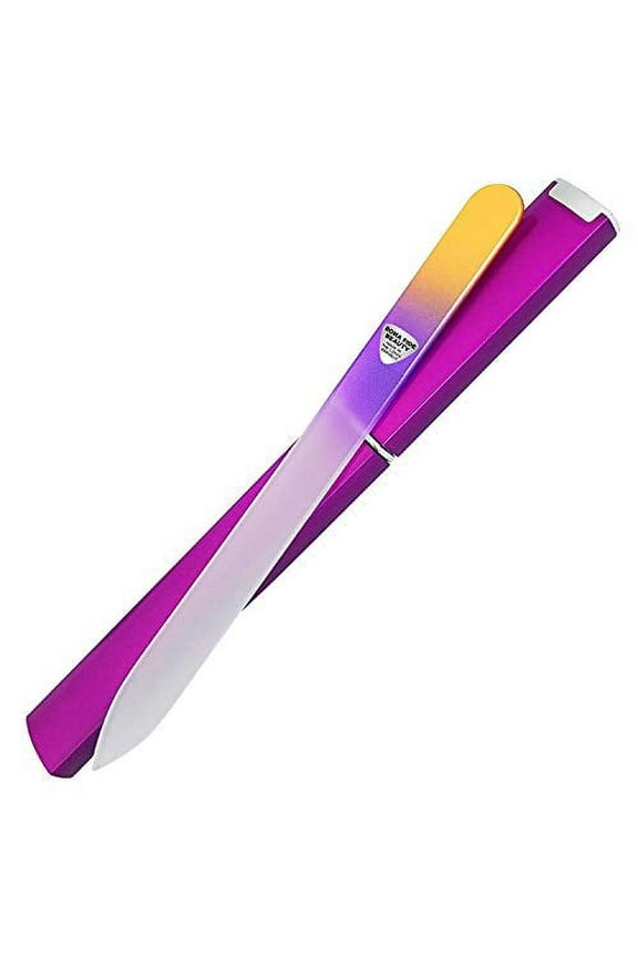 Premium Czech Glass Nail File with Hard Case, Bona Fide Beauty Professional Manicure Tool for Gentle Precision Filing –  Gold/Violet