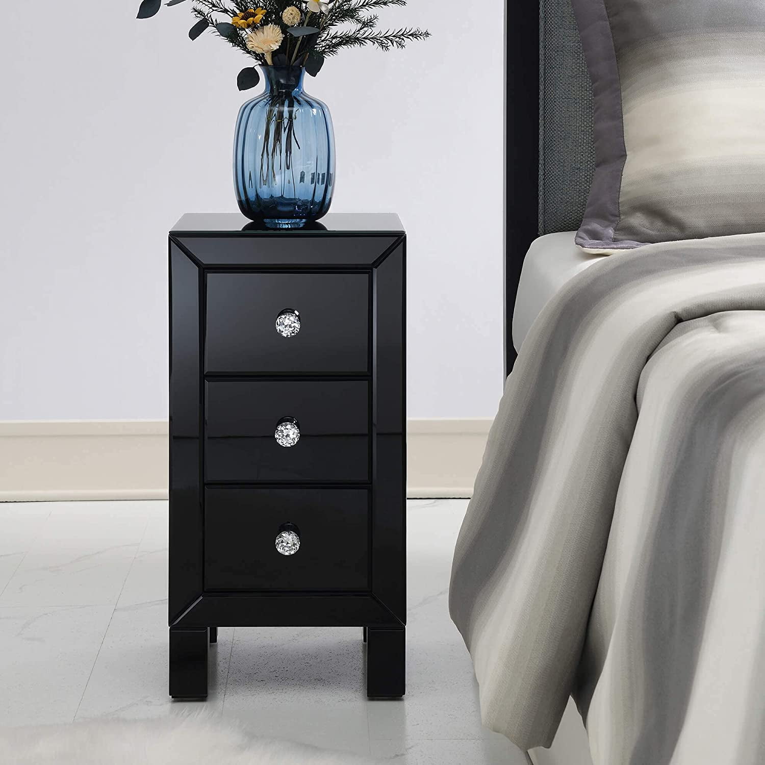 Glass Nightstand, Crystal End Table with 3Drawers, Accent Black End