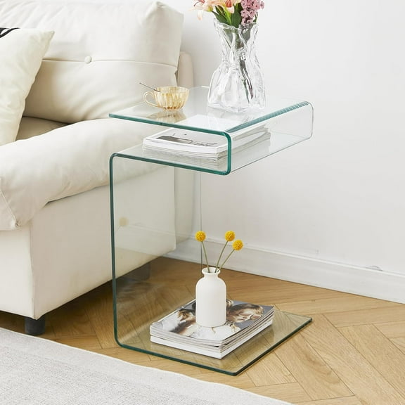 Glass Nightstand End Table, S-Shape Bedside Tables for Bedroom, Modern Small Clear Side Table for Living Room, Sofa Table (Clear S-Shape)