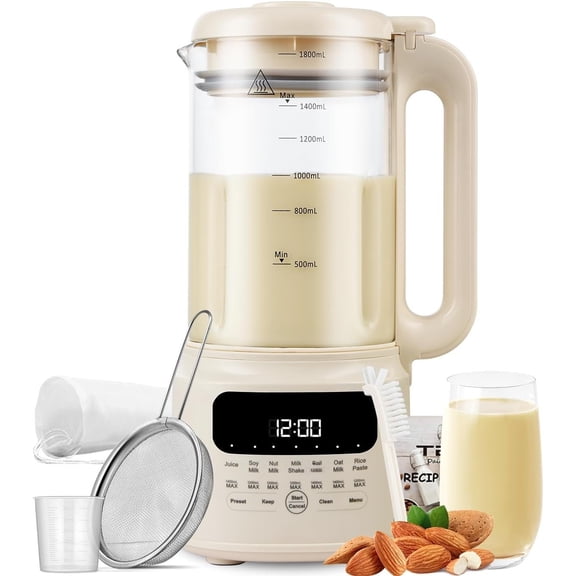 Glass Nut Milk Maker Machine, 10-in-1 Soy Milk Maker for Almond/Oat/Soy Milk, Juice, Milkshake, Rice Paste, Auto Clean/24H Preset Time/12H Keep Warm, with 7 Accessories, Beige