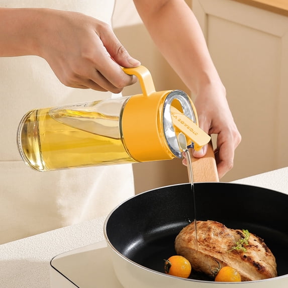 Glass Oil Dispenser Bottle - Leakproof Automatic Opening Oil Can for Kitchen - Large Capacity Oil Container for Cooking Frying Grilling Baking - Household Oil Pot with Spout for Precise Pouring