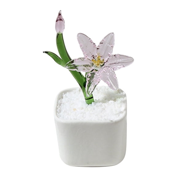 Glass Orchid Flower Figurine, Hand Blown Glass Flower in Ceramic Pot, Crystal Flower Ornament Sculpture, Mini Potted Glass Floral Decor for Home Office Desktop