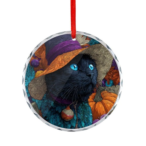 Glass Ornament Black Cat Wearing Witch Hat Holiday Ornaments Cute Halloween Witch Cat Appreciation Gifts Ornaments for Xmas Tree for Family Couples Friends