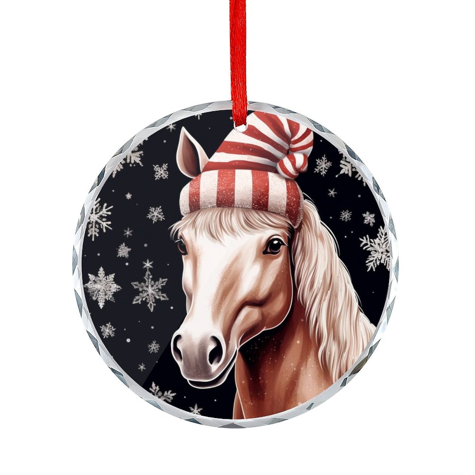 Glass Ornament Cute Horse in Santa Hat Snowflake Xmas Round Glass ...