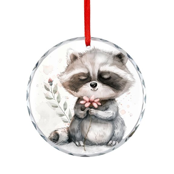 Glass Ornament Cute Raccoon Holding A Flower Crystal Ornament 2025 Forest Eye Raccoon Animals Appreciation Gift for Xmas Friend Bestie Nurse Teacher Mentor Boss Coworker