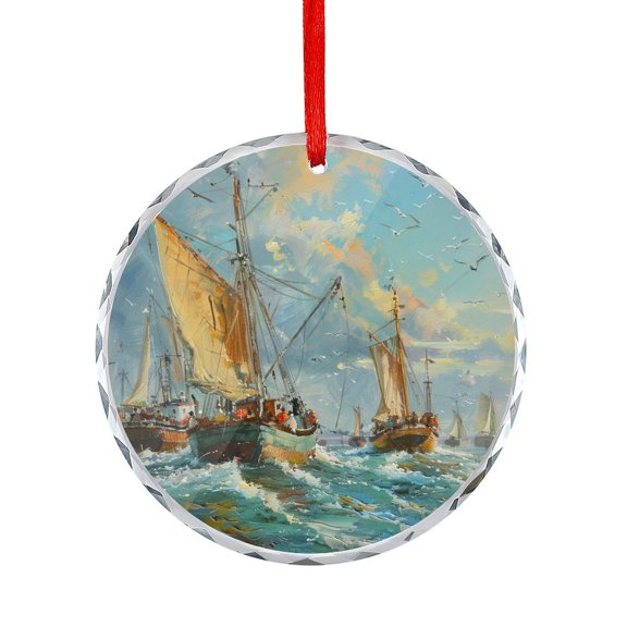 Glass Ornament Fishing Boats Leaving The Harbor Holiday Ornaments Vintage Sail Boat Ocean Waves Hanging Craft Collectibles for Xmas Trees Home Party Gifts