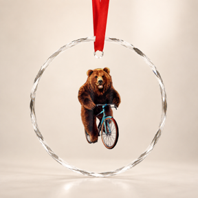Glass Ornament - Happy Grizzly Bear Cycling, Mountain Bike Bicycle, Glass Ornament