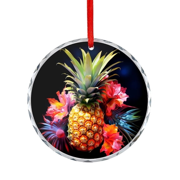 Glass Ornament Pineapple With Tropical Flowers Christmas Decorative Hanging Ornaments Summer Tropical Sweet Fresh Fruit Organic Plant Hanging Ornaments Xmas Tree Decor for Family Friends Lovers