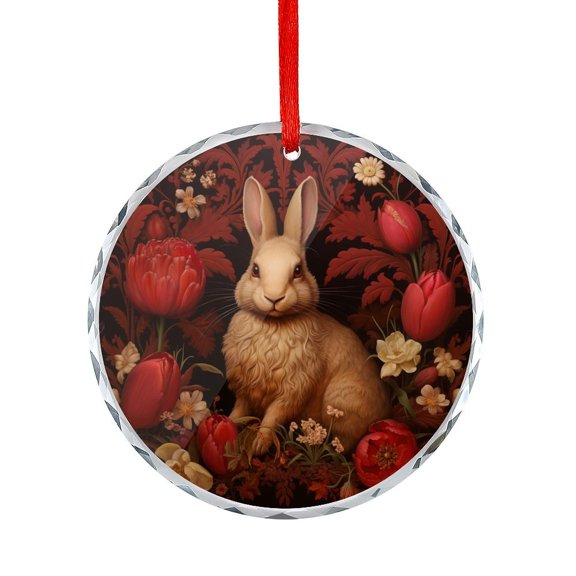 Glass Ornament Rabbit With Flowers In A Red Background Round Glass Hanging Ornament Welcome Easter Rabbit Xmas Tree Decor for Kids Mom Dad Friends Loves