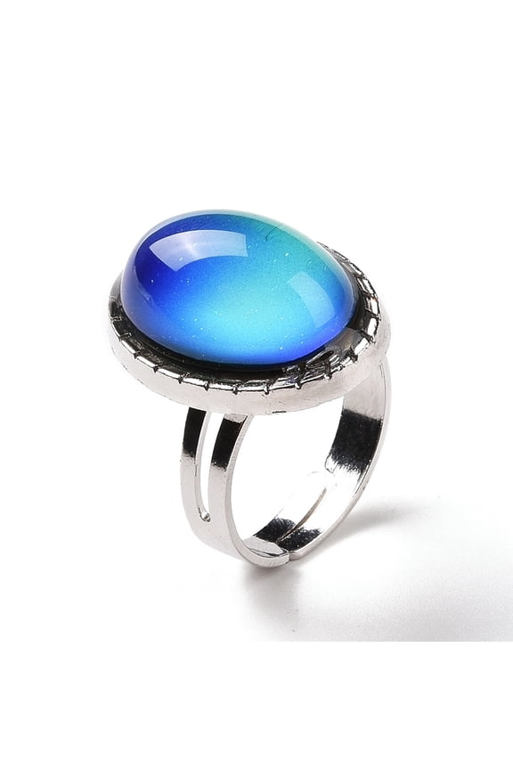 Glass Oval Mood Ring Temperature Change color Emotion Feeling Alloy Adjustable Ring for Women Platinum Inner Diameter: 17.5~18.4mm