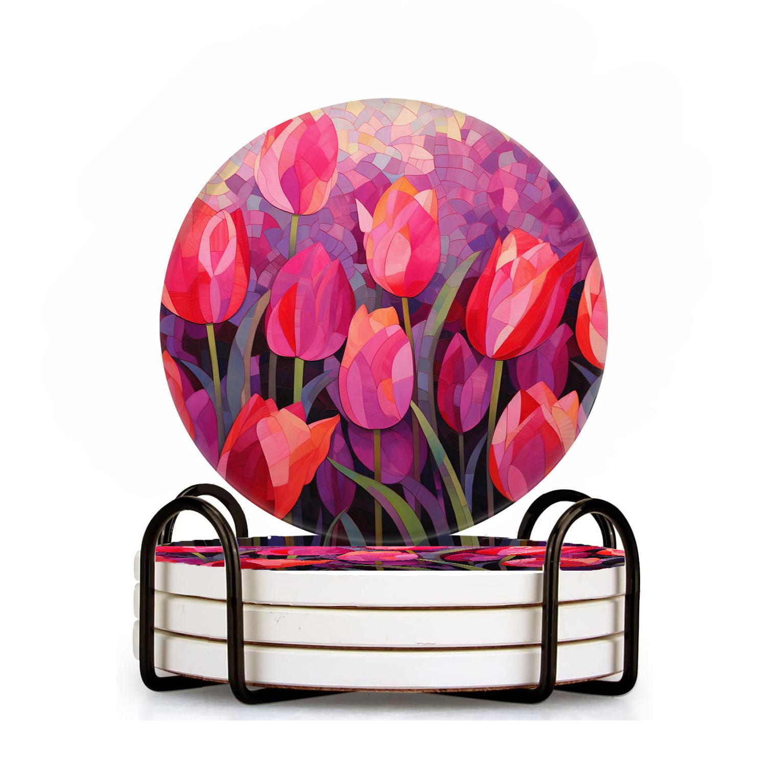 Glass Painting Pink Tulips Elegant Drink Coasters with Holder,NonSlip