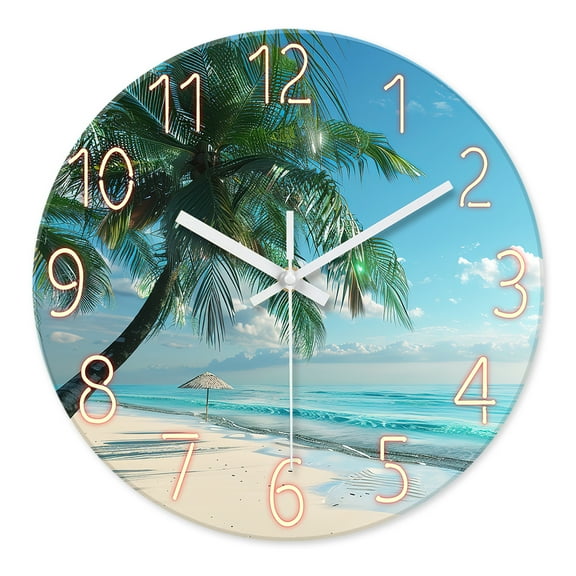 Glass Palm Wall Clock Battery Operated 12 Inch - Blue Wall Clock Silent Non Ticking - Beach Clock for Bathroom