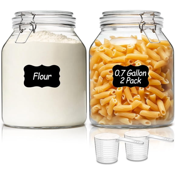 Glass Pantry Jars with Airtight Lids 0.7 Gallon 2 Pack Wide Mouth | Flour sugar rice, Sourdough pickling, Pantry organization, Scoop included, Baking supplies, Bulk food storage, Large capacity