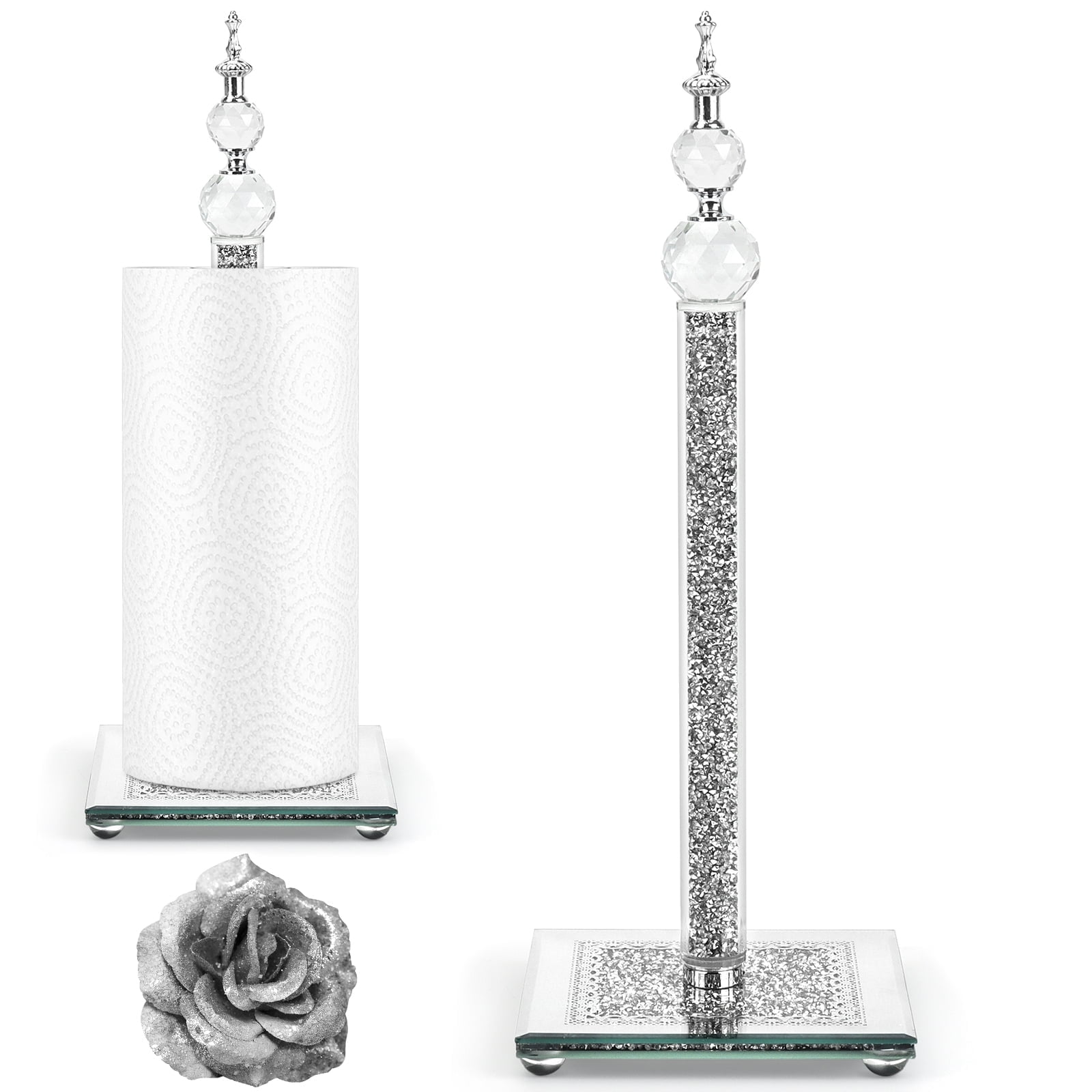 Glass Paper Towel Holder, Countertop Roll Paper Towel Holder, Square Base Crystal Shattered Diamonds Freestanding Paper Towel Holder, Crystal Shattered Diamonds Home Decor for Bathroom, Kitchen and H