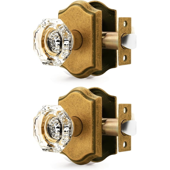 Glass Passage Door Knob for Hallway and Closet, Crystal Door Handle with Non-Locking Latch, Octagonal Clear Aged Brass Door Knob 2 Pack, Vintage Rosette with Heavy Duty Glass