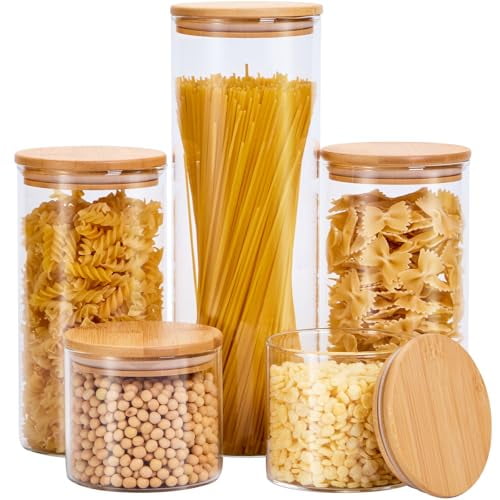 Glass Pasta Storage Containers with Lids Set of 5, Tall Spaghetti Container Storage for Pasta Noodles Flour Cereal Oats Rice