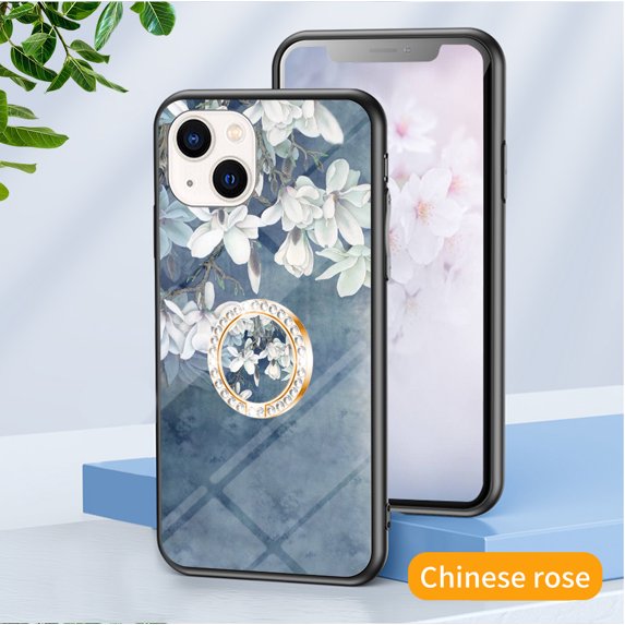 Glass Pattern Diamond Case for iPhone 13 with Exquisite Glass Back , Floral Flower Pattern, Ring Holder Cute Slim Thin TPU Soft Bumper Protective Cover Phone Case For iPhone 13,E