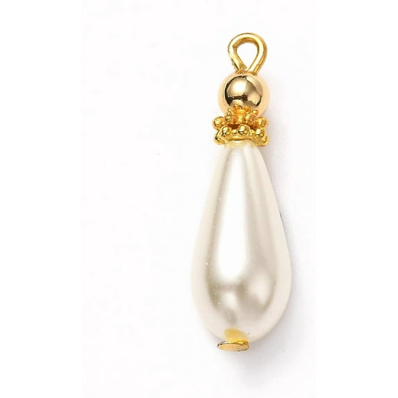 Glass Pearl Pendants Painted with Brass Findings Golden Teardrop White 25x7.5mm Hole: 1.5mm
