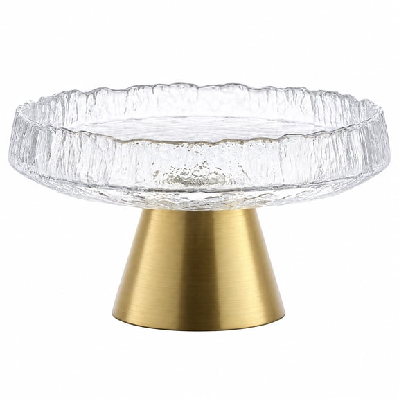 Glass Pedestal Cake Stand with Gold Base, Textured Scalloped Dessert Display Stand, Elegant Serving Tray for Cakes, Cupcakes, Pastries, Fruit and Home Decor