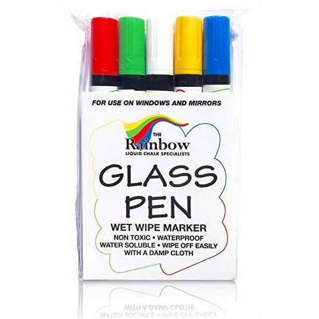 Glass Pen Window Marker Red, Yellow, Blue, Green, White 5 Pack Glass