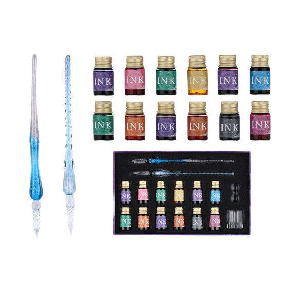 Glass Pen and Ink Set, Glass Calligraphy Pen Set Includes 2 Glass Dip Pen, 12 Colors Ink, Pen Holder, Cleaning Cup for Beginners