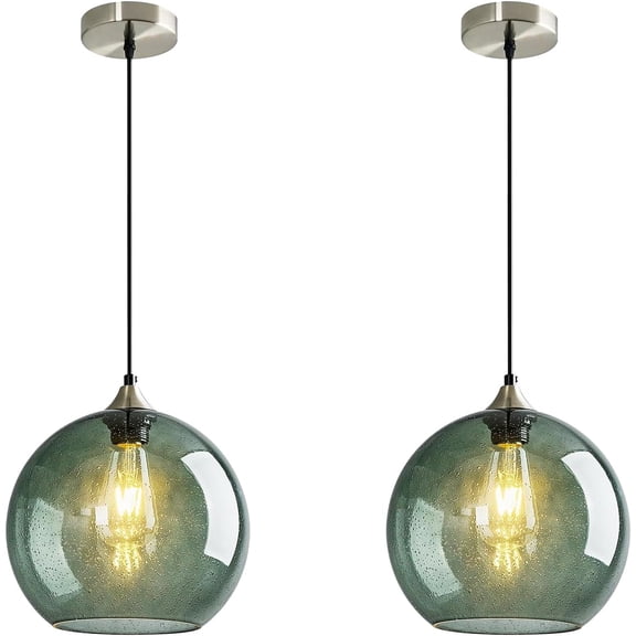 Glass Pendant Light, 5.9'' Gray Green Glass Island Lighting, Modern Pendant Lighting for Kitchen Island Dining Room Bedroom-Bulb Not Included2PC)
