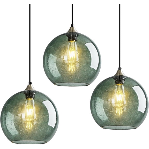 Glass Pendant Light, 5.9'' Gray Green Glass Island Lighting, Modern Pendant Lighting for Kitchen Island Dining Room Bedroom-Bulb Not Included3PC)