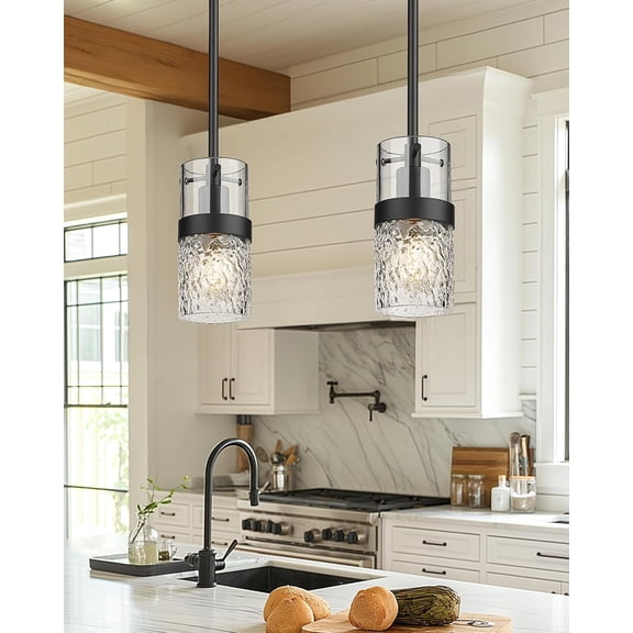Glass Pendant Lights Kitchen Island, 1-Light Modern Black Pendant Light with Hammered Glass and Rods, Mini Hanging Lighting for Kitchen Island Sink Bathroom Bedroom, -172