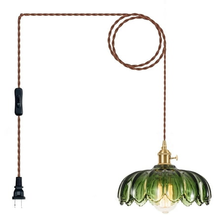 KAUDGHY Glass Pendant Lights Plug in, Green Vintage Pendant Light Fixtures,Plug in Hanging Lamp for Dining Room, Living Room, Bedroom