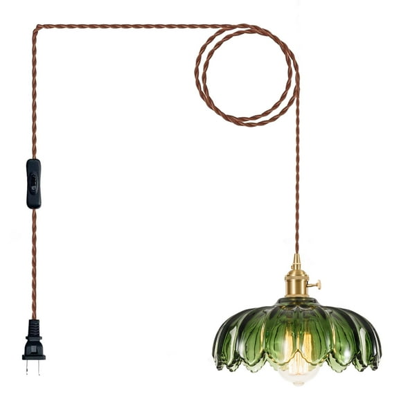 KAUDGHY Glass Pendant Lights Plug in, Green Vintage Pendant Light Fixtures,Plug in Hanging Lamp for Dining Room, Living Room, Bedroom