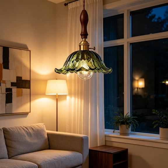 Glass Pendant Lights Plug-in, Green Pendant Light Fixtures, Adjustable Height Vintage Brass Hanging Lamp for Kitchen Island, Dining, Living Room, Bedroom (E)