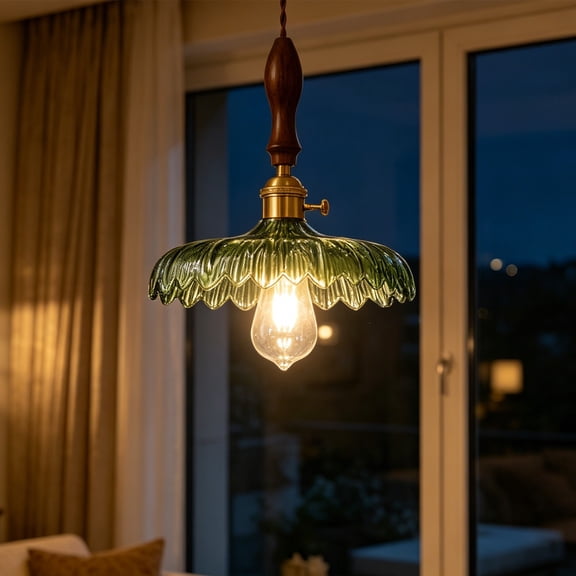 Glass Pendant Lights Plug-in, Green Pendant Light Fixtures, Adjustable Height Vintage Brass Hanging Lamp for Kitchen Island, Dining, Living Room, Bedroom (M)