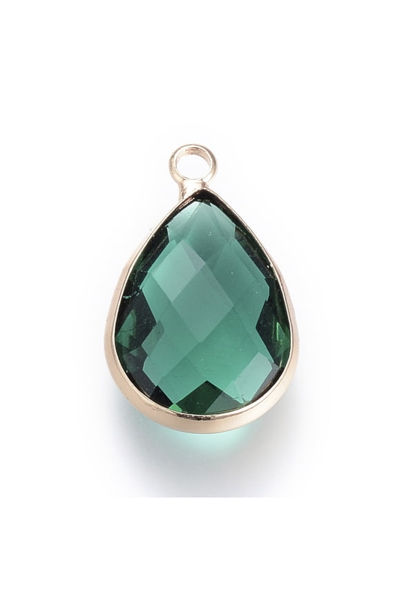 Glass Pendants with Brass Findings Faceted teardrop Light Gold Green 18x10.5x4.5mm Hole: 1.8~2.3mm