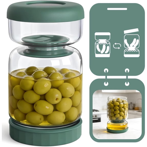 Glass Pickle Jar, 34oz Pickle Container with Strainer, LeakProof Kraut and Olive Hourglass Jug, Olive Jar with Airtight Lid, Multifunction Jalapeno Container, Gherkin Flip Jar for Fridge
