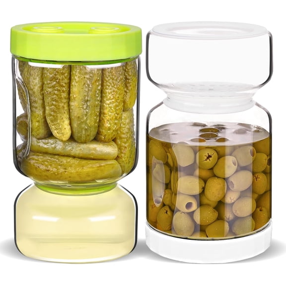 Glass Pickle Jar with Strainer Flip, 2 Pack Pickle Container Olive Hourglass Jars, Airtight Pickle Juice Separator from Wet and Dry, Pickles Storage Jar 51oz-Green & White