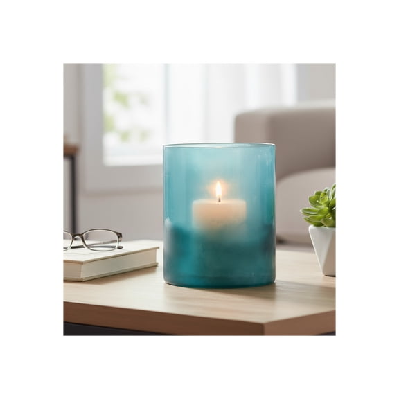 Decorative Glass Hurrican Candle Holder with Frosted Bottom - Home Decor Accent Pillar Candlestick Holder for Dining Table Centerpiece - Ocean Inspired Candle Stand Holder for Living Room - 12", Blue