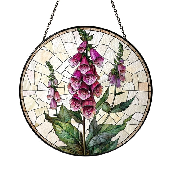 Glass Pink Foxglove Window Suncatcher, Botanical Flower Hanging Decor for Bright Indoor Windows