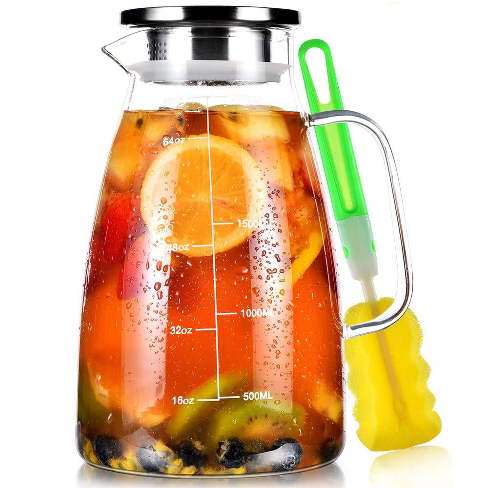2 Liter 68 Oz Glass Pitcher with Lid and Spout, Water Pitcher for Fridge,  Glass