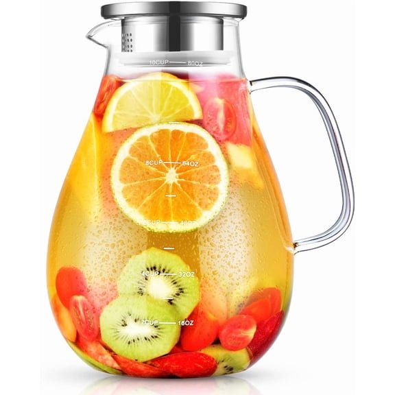 Glass Pitcher, 80oz Water Pitchers with Lid and Spout for Drinks, Hot&Cold Beverage, Juice, Iced Tea Pitcher for Fridge, Borosilicate Glass Carafe/Jug with Brush