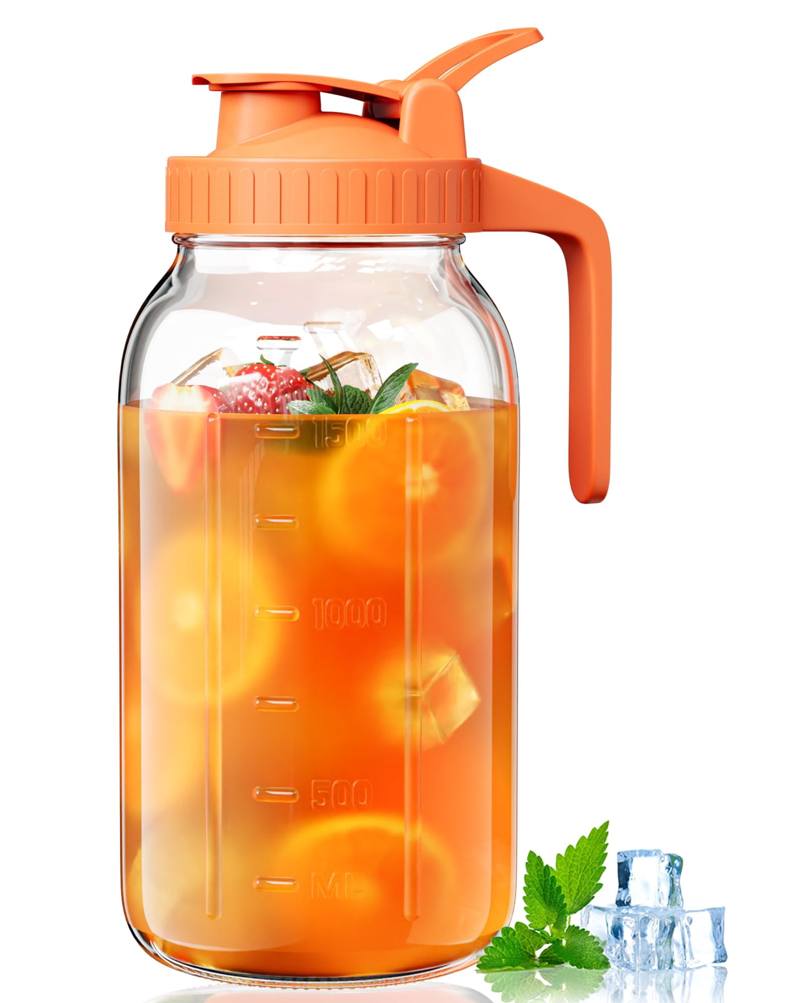 Glass Pitcher With Airtight Lid And Spout  64oz Mason Jar - Wide Mouth Leakproof Water Jug For Juice Sun Iced Tea Cold Brew Coffee Milk Storage Orange