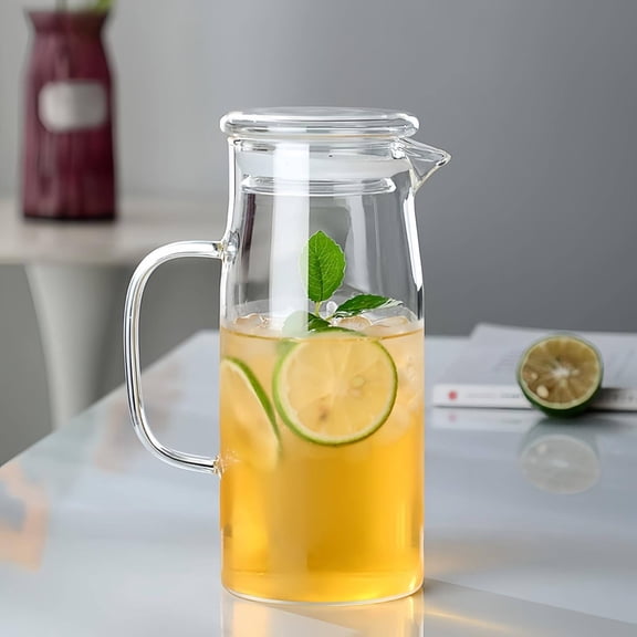 Glass Pitcher, Glass Water Pitcher, Glass Juice Bottles with Lids, Glass Carafe, Glass Pitchers with Handle and Lid, Glass Jug, Water Carafe for Tea Juice Milk Coffee Iced Beverage