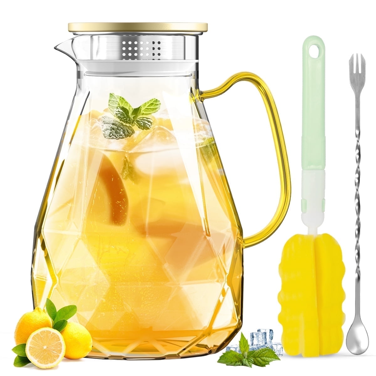 GPED 74 oz Glass Pitcher with Golden Lid & Spout, 2.2L Diamond-Cut Glass Water Pitcher with Handle & Gold Stainless Steel Lid, Hot & Cold Safe, Dishwasher-Friendly, Ideal for Juice, Milk, or Tea