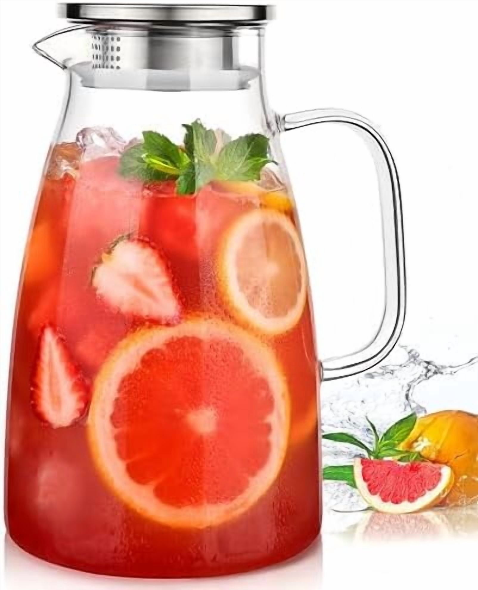 Glass Pitcher with Lid, 2 Liter 68oz Water Pitcher with Handle and ...